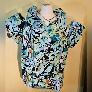 Catherines Tropical Wish Blue Leaf Print Cold Shoulder Top Size 3X (26/28W) NWT